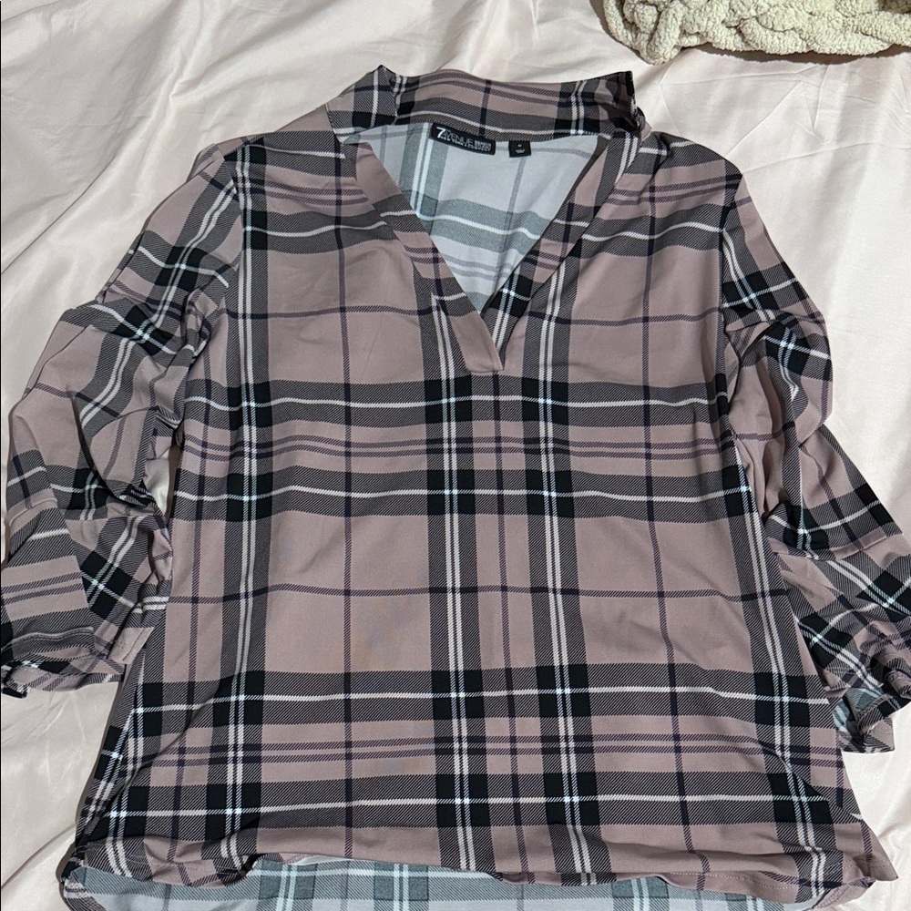 7th Ave Women's Blouse in Pink and Black Plaid
